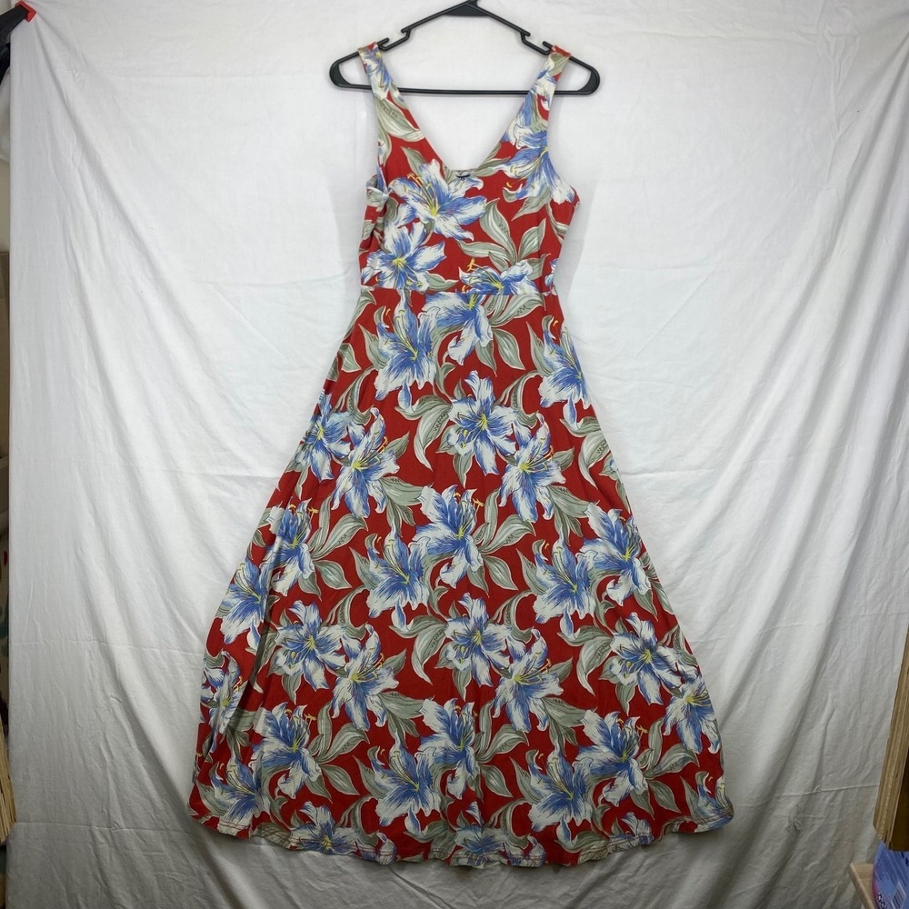 Chaps Denim Red Floral Lily V-Neck Sleeveless A-Line Maxi Dress Medium